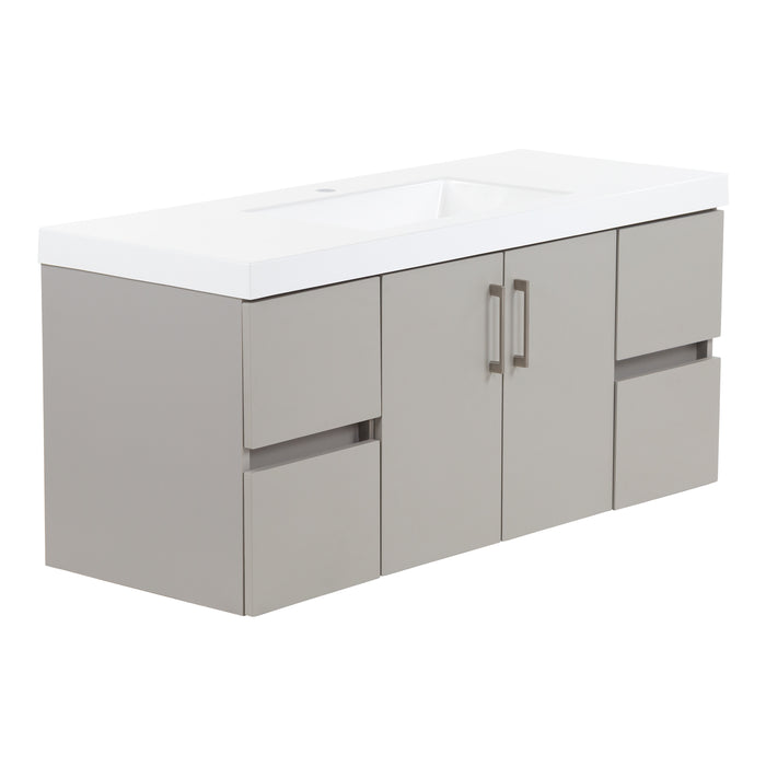 Top view Innes 48.5" W gray floating bathroom vanity with 2 doors with satin nickel handles, 4 flat-panel drawers, white sink top
