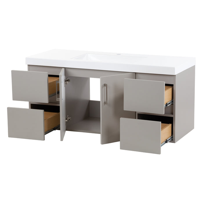 Cabinet doors and 4 flat-panel drawers open on Innes 48.5" W gray floating bathroom vanity  white sink top