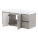 Cabinet doors open, 4 flat-panel drawers closed on Innes 48.5" W gray floating bathroom vanity  white sink top