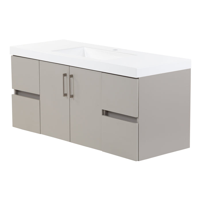 Right side Innes 48.5" W gray floating bathroom vanity with 2 doors with satin nickel handles, 4 flat-panel drawers, white sink top