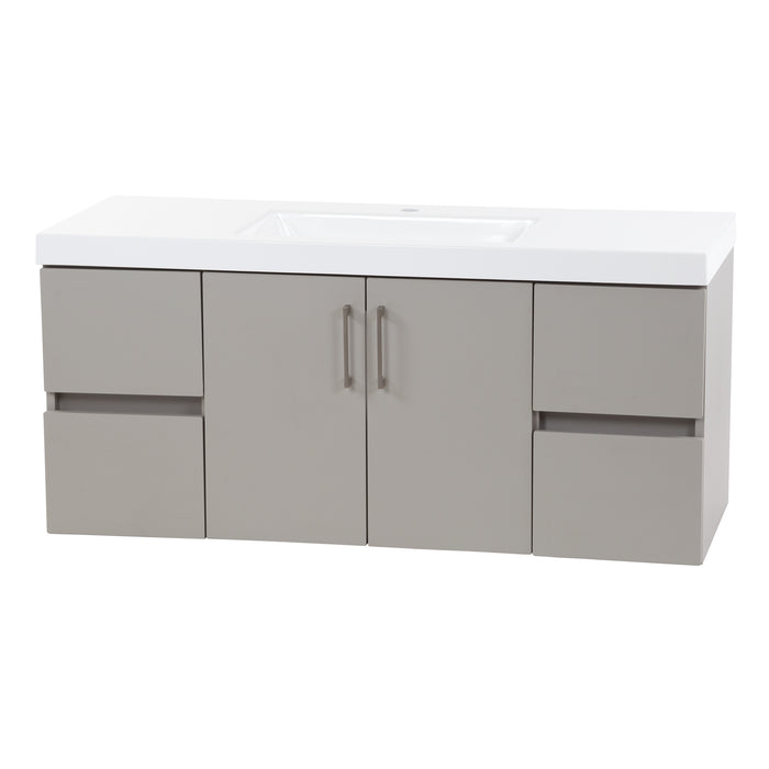Right view Innes 48.5" W gray floating bathroom vanity with 2 doors with satin nickel handles, 4 flat-panel drawers, white sink top