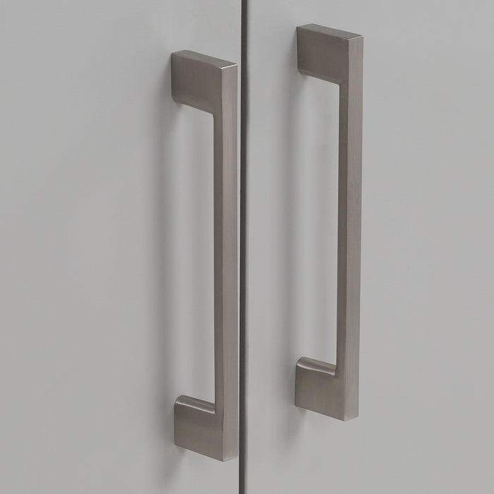 Close up of satin nickel cabinet door handles on Innes 48.5" wide gray floating vanity