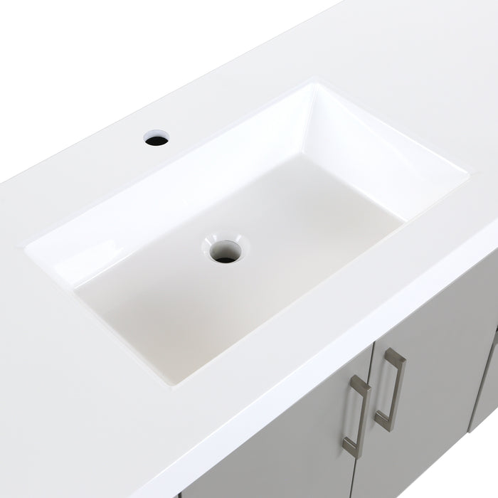 Predrilled white cultured marble sink top with integrated rectangular sink on Innes vanity with gray finish