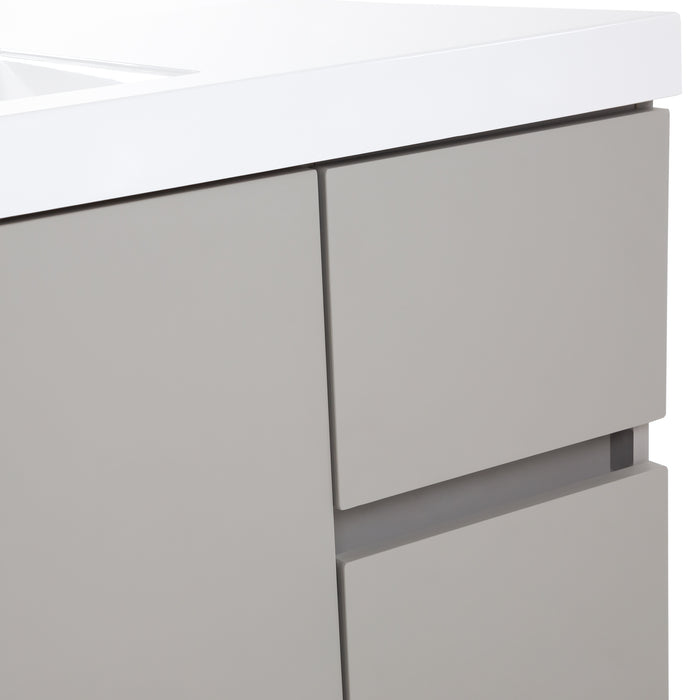 Closeup of edge of Innes 48.5" wide gray floating vanity with white sink