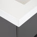 Closeup of corner of Innes 30.5" W gray floating bathroom vanity with 2 flat-panel drawers, white sink top