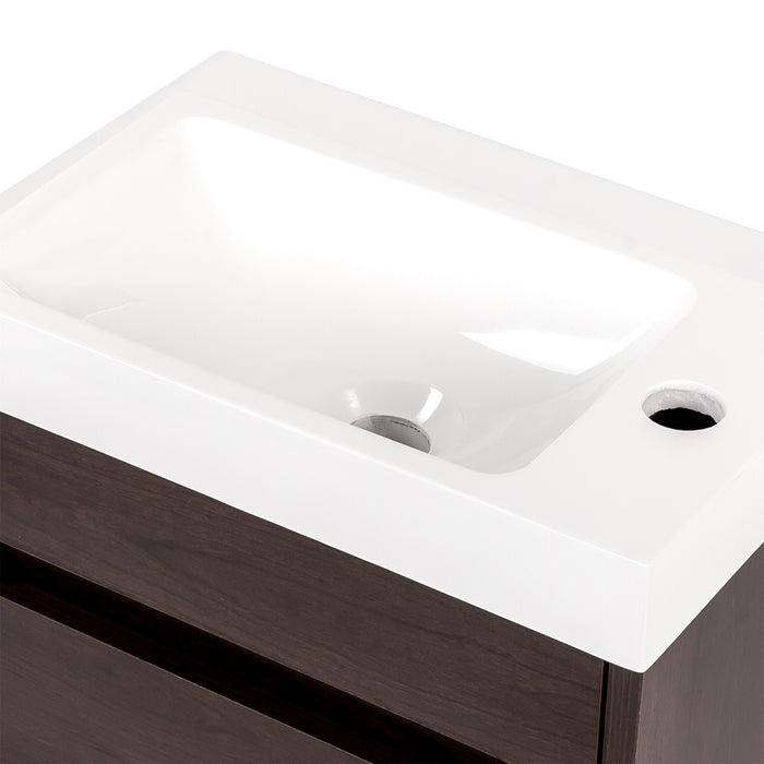 Predrilled sink top on Kambree 15.75 in. floating 1-door bathroom vanity with dark woodgrain finish and white sink top