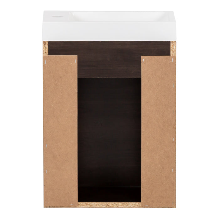 Open back on Kambree 15.75 in. floating bathroom vanity with dark woodgrain finish and white sink top