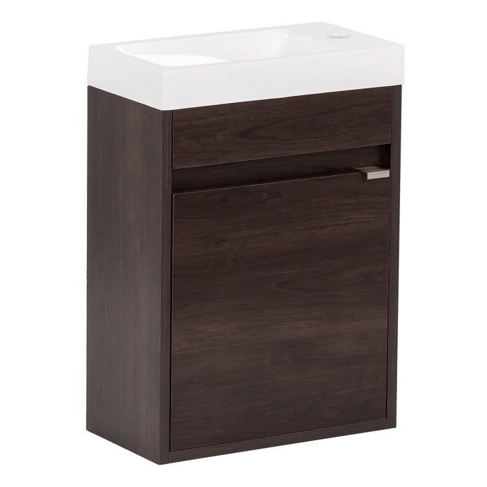 Angled view of Kambree 15.75 in. floating bathroom vanity with dark woodgrain finish and white sink top