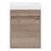 Open back on Kambree 15.75 in. floating 1-door bathroom vanity with light woodgrain finish and white sink top