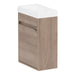 Side view of Kambree 15.75 in. floating 1-door bathroom vanity with light woodgrain finish and white sink top