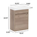 Measurements of Kambree 15.75 in. floating 1-door bathroom vanity with light woodgrain finish and white sink top: 15.75 in. W x 8.66 in. D x 22.13 in. H