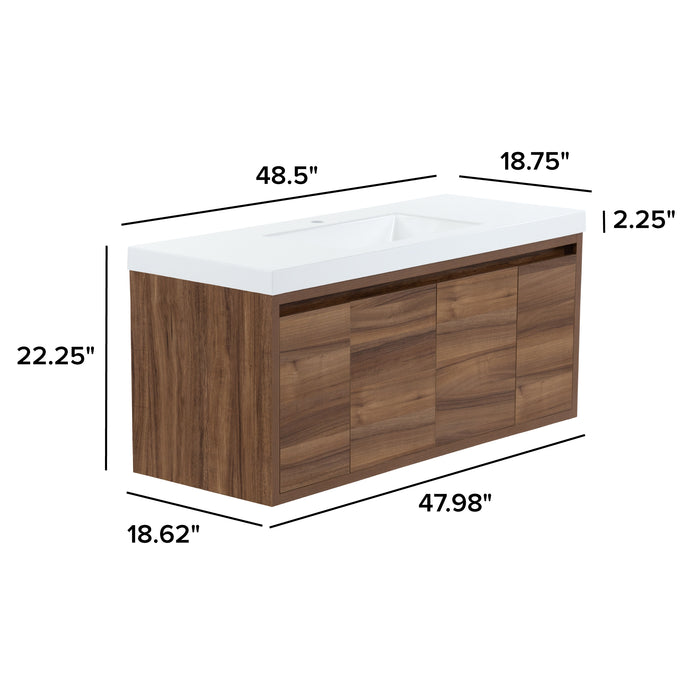 Measurements of Kelby floating single-sink vanity: 48.5" W x 18.75" D x 22.25" H