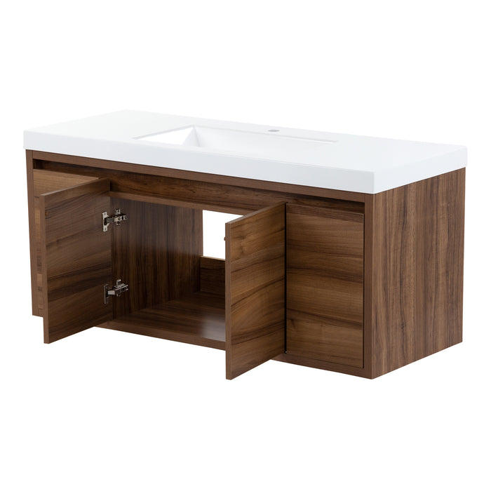  Kelby 48.5" W woodgrain floating bathroom vanity with 2 cabinet doors open and 2 flat-panel drawers closed, white sink top