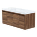Right side of Kelby 48.5" W woodgrain floating bathroom vanity with 2 flat-panel doors and 2 drawers, white sink top