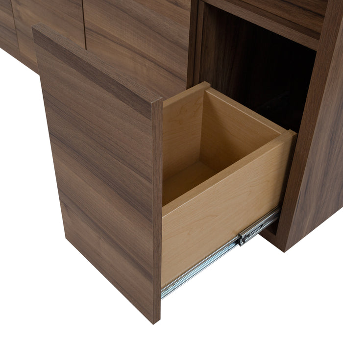 Closeup of open flat-panel drawer with light woodgrain finish interior on Kelby 48.5" wide floating vanity