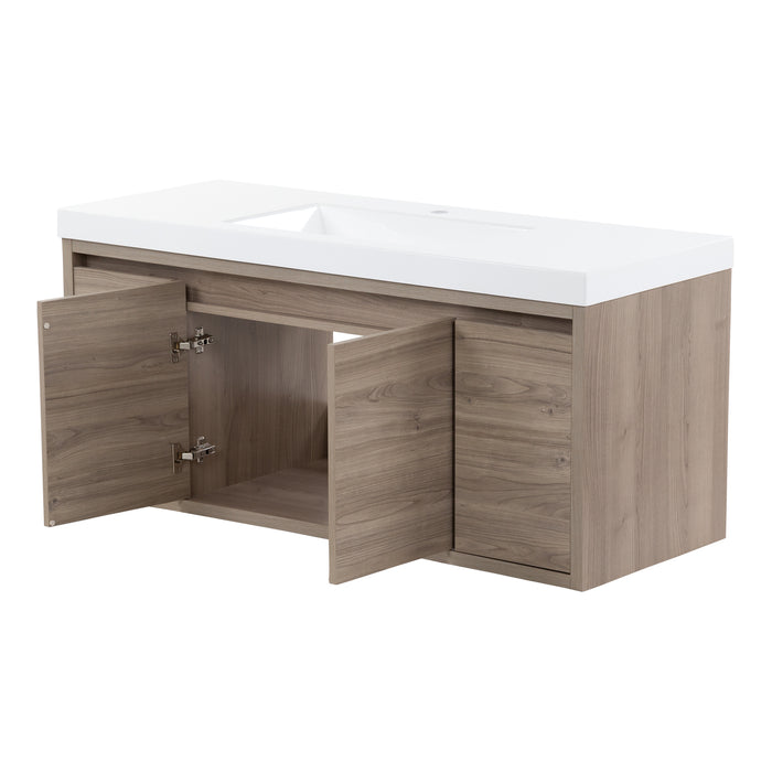 Kelby 48.5" W woodgrain floating bathroom vanity with 2 cabinet doors open and 2 flat-panel drawers closed, white sink top