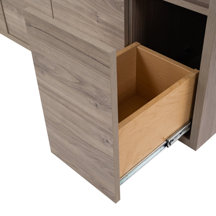 Closeup of open flat-panel drawer with natural woodgrain finish interior on Kelby 48.5" wide floating vanity