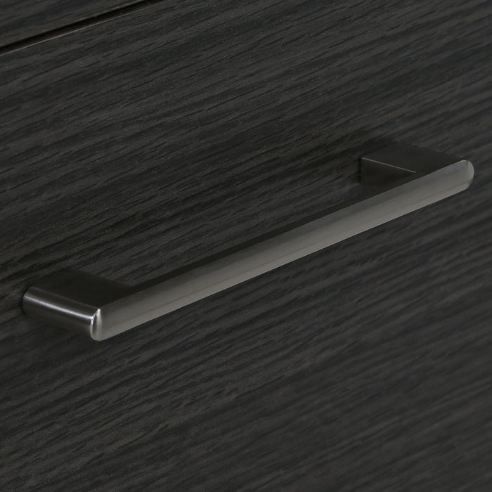 Satin nickel handle on Spring Mill Cabinets Lir 24.5" W dark woodgrain cabinet-style bathroom vanity 