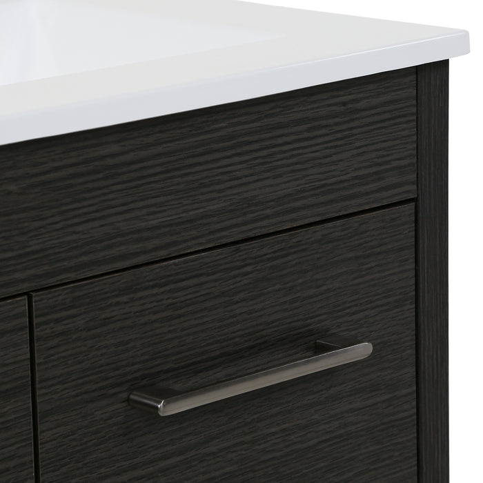 Closeup of edge of Lir 24.5" W dark woodgrain cabinet-style bathroom vanity
