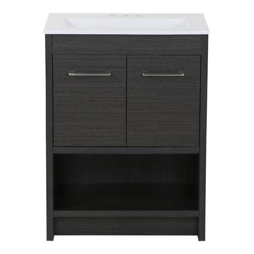 Lir 24.5" W dark woodgrain cabinet-style bathroom vanity, 2 flat-panel doors, open shelf, satin nickel pull, white sink top