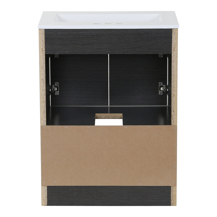 Open back of Spring Mill Cabinets Lir 24.5" W dark woodgrain cabinet-style bathroom vanity, white top 