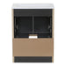 Open back of Spring Mill Cabinets Lir 24.5" W dark woodgrain cabinet-style bathroom vanity, white top 