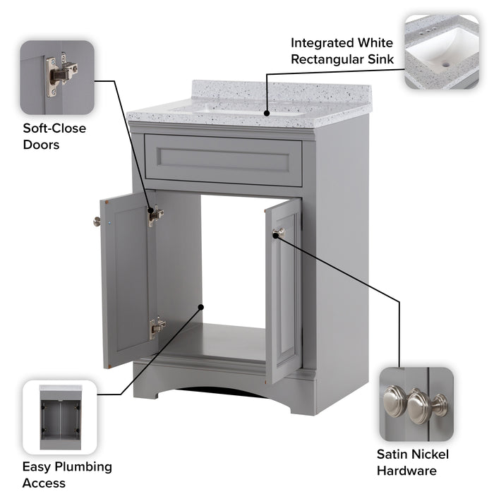 Features of Maris 24.5" 2-door gray Powder Room Vanity, round door pulls, stone-look sink top