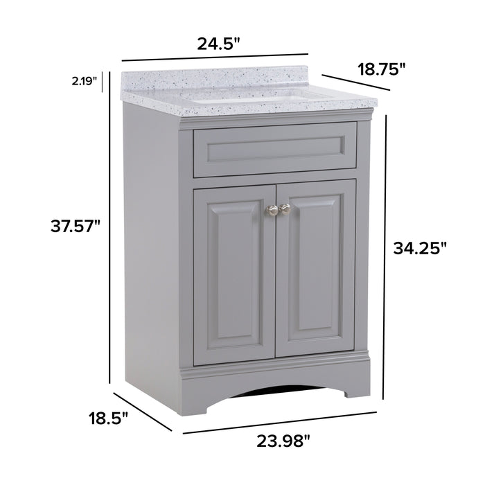 Size of Maris 24.5" 2-door gray Powder Room Vanity, stone-look sink top: 24.5" W x 18.75" D x 37.57" H