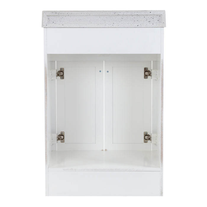 Open back of Maris 24.5" 2-door White Powder Room Vanity, round door pulls, stone-look sink top