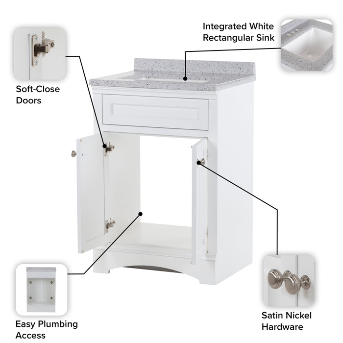 Features of Maris 24.5" 2-door White Powder Room Vanity, round door pulls, stone-look sink top