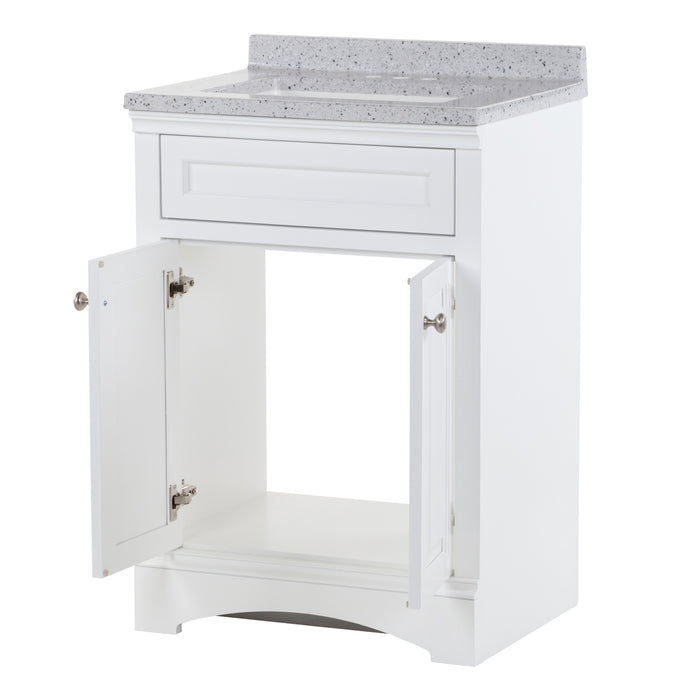 Open cabinet of Maris 24.5" 2-door White Powder Room Vanity, round door pulls, stone-look sink top