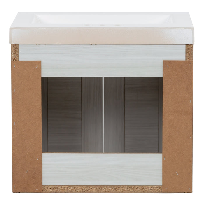Open back of Marlowe 24.5 in gray woodgrain floating bathroom vanity with 2 door cabinet and white sink top
