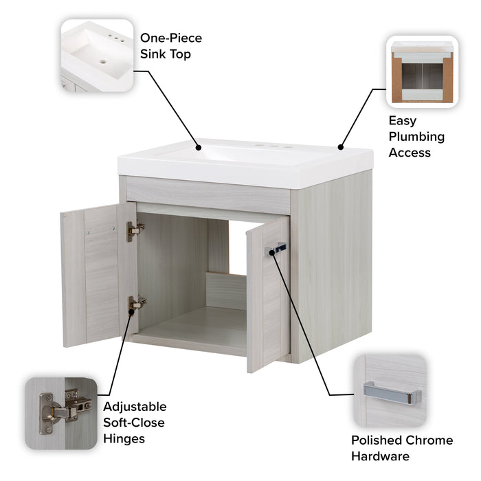 Features of Marlowe 24.5 in gray woodgrain floating bathroom vanity with 2 door cabinet and white sink top