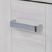 Hardware on Marlowe 24.5 in gray woodgrain floating bathroom vanity with 2 door cabinet and white sink top