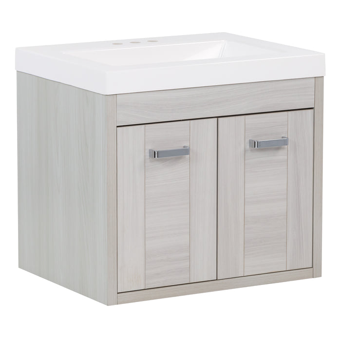 Angled view of Marlowe 24.5 in gray woodgrain floating bathroom vanity with 2 door cabinet and white sink top