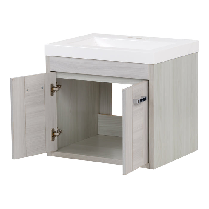 Open doors on Marlowe 24.5 in gray woodgrain floating bathroom vanity with 2 door cabinet and white sink top