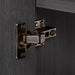 Adjustable hinge on Marlowe 24.5 in gray woodgrain floating bathroom vanity with 2 door cabinet and white sink top