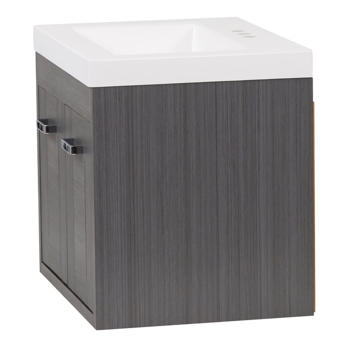 Side view of Marlowe 24.5 in gray woodgrain floating bathroom vanity with 2 door cabinet and white sink top