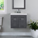 Marlowe 24.5 in gray woodgrain floating bathroom vanity with 2 door cabinet and white sink top installed in bathroom with faucet and mirror