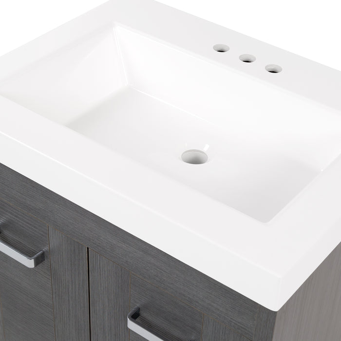 Predrilled sink top on Marlowe 24.5 in gray woodgrain floating bathroom vanity with 2 door cabinet and white sink top