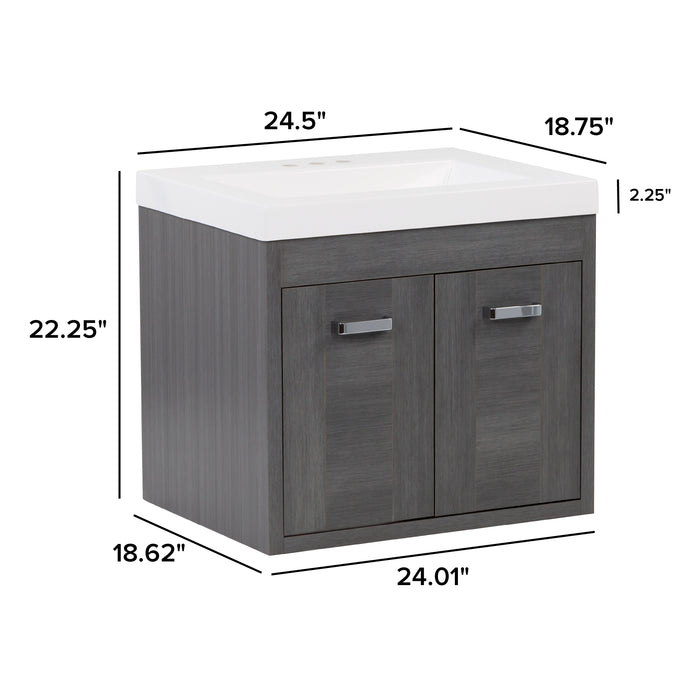 Measurements of Marlowe 24.5 in gray woodgrain floating bathroom vanity with 2 door cabinet and white sink top: 24.5 in W x 18.75 in D x 22.25 in H