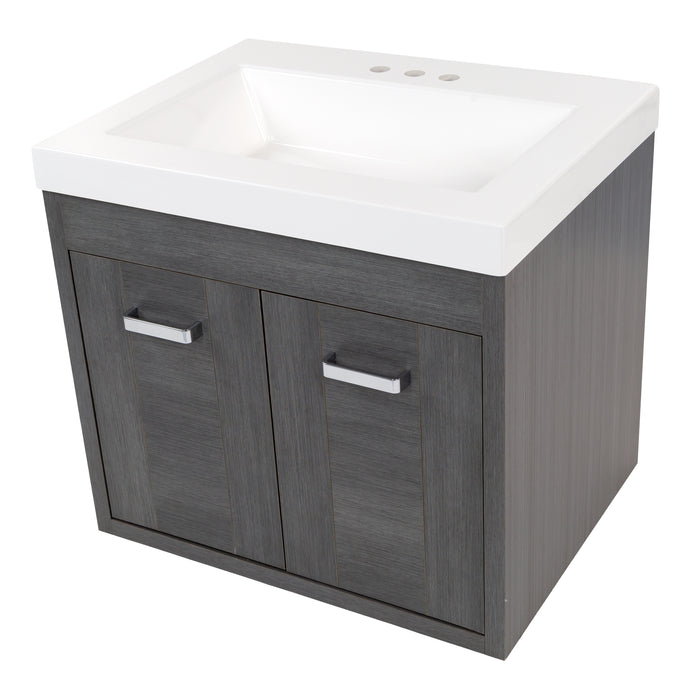 Top view of Marlowe 24.5 in gray woodgrain floating bathroom vanity with 2 door cabinet and white sink top