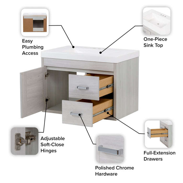 Features of Marlowe 30.5 in gray woodgrain floating bathroom vanity with 1-door cabinet, 2 side drawers, and white sink top