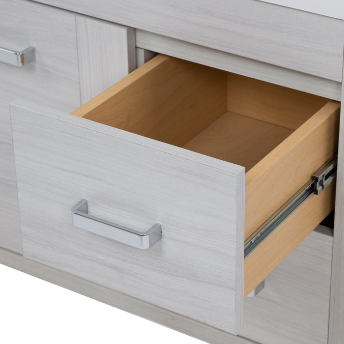 Open drawer on Marlowe 30.5 in gray woodgrain floating bathroom vanity with 1-door cabinet, 2 side drawers, and white sink top