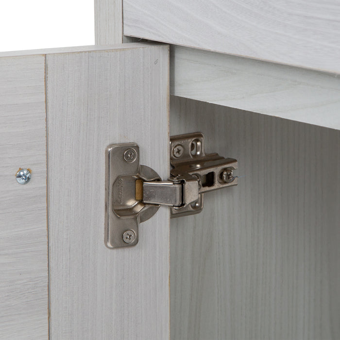 Adjustable hinge on Marlowe 48.5 in gray woodgrain floating bathroom vanity with 1-door cabinet, 4 drawers, polished chrome hardware, and white sink top