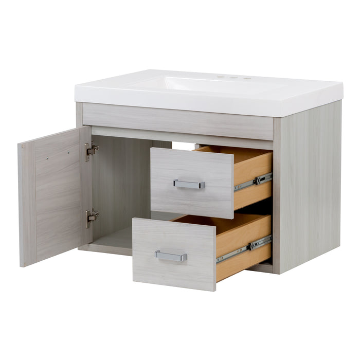 Open door and drawer on Marlowe 30.5 in gray woodgrain floating bathroom vanity with 1-door cabinet, 2 side drawers, and white sink top
