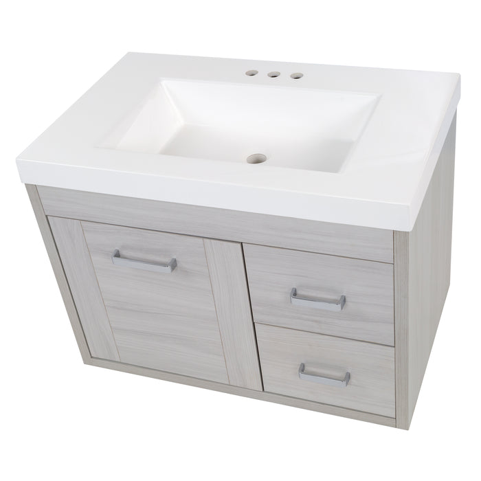 Top view of Marlowe 30.5 in gray woodgrain floating bathroom vanity with 1-door cabinet, 2 side drawers, and white sink top