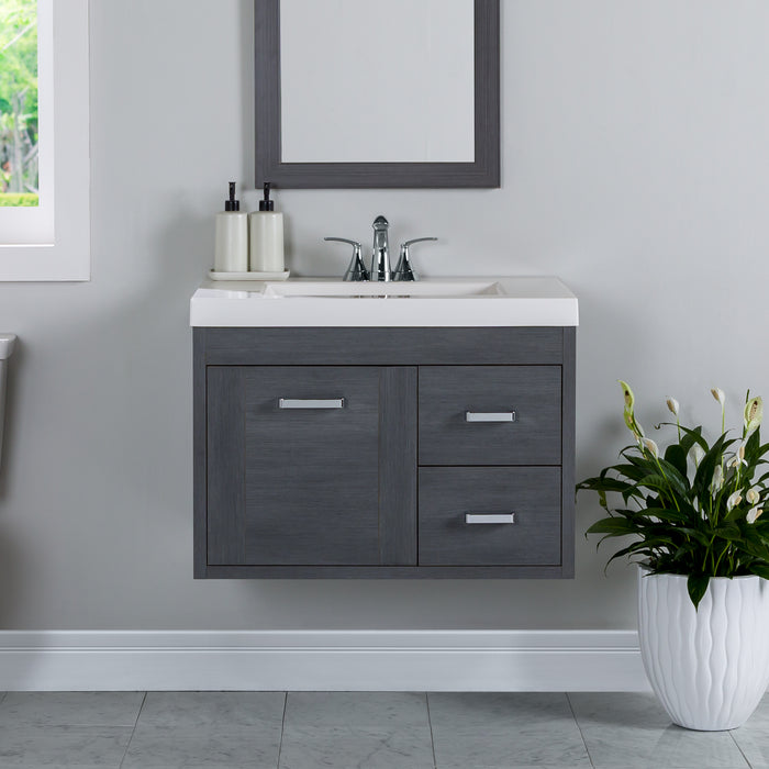 Marlowe 30.5 in gray woodgrain floating bathroom vanity with 1-door cabinet, 2 side drawers, and white sink top installed in bathroom