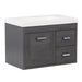 Angled view of Marlowe 30.5 in gray woodgrain floating bathroom vanity with 1-door cabinet, 2 side drawers, and white sink top