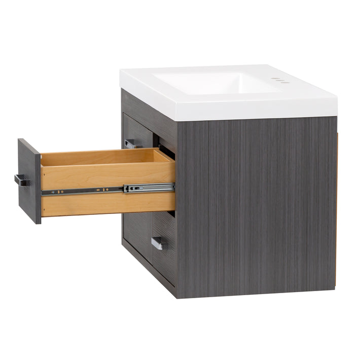 Drawer fully extended on Marlowe 30.5 in gray woodgrain floating bathroom vanity with 1-door cabinet, 2 side drawers, and white sink top